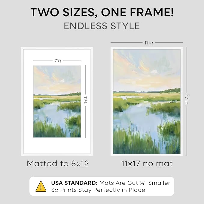 Homeforia 11x17 White Picture Frame, High-End Metal, 8x12 Mat, Glass