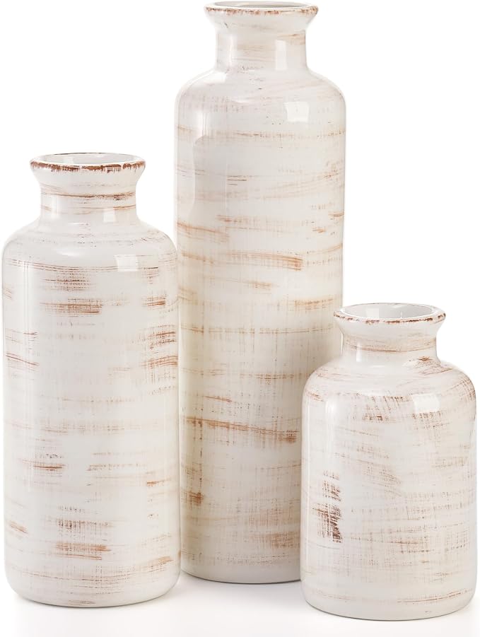 Nicunom Ceramic Vase Set of 3, Rustic Ceramic Flower Vase for Home Decor, Boho Decorative vase for Room, Centerpiece,Table, Shelf, Mantel and Entryway Decor