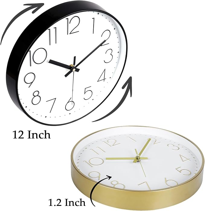 2 Pack Black&Gold Wall Clock 12 Inch Silent Wall Clocks Battery Operated | Home Office Kitchen School