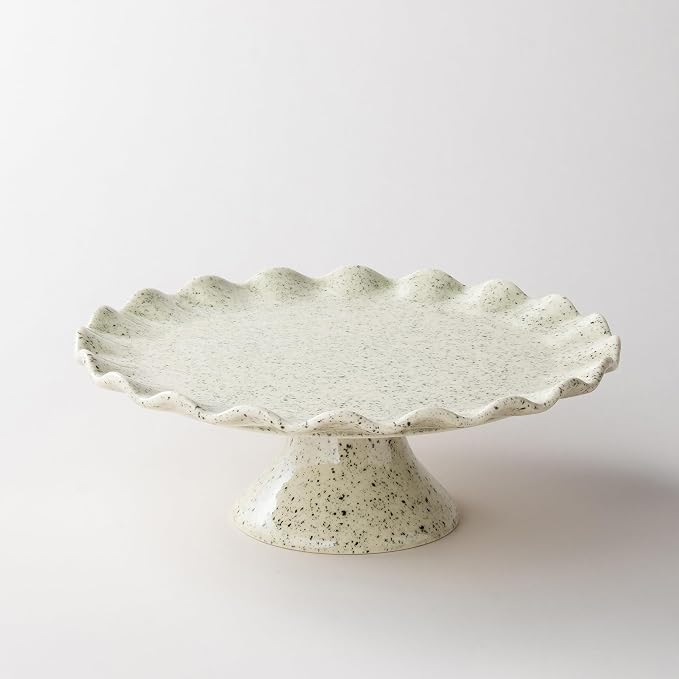 Ceramic Cake Stand, Small Cake Plate for 8 Inch Cake, Speckled White | Vintage Cake Pedestal Stand with Ruffle Trim for Bitrhday, Wedding, Cupcake Stand for Dessert Table Display