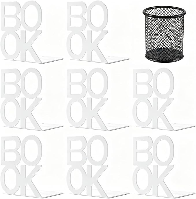 Book Ends - Decorative Metal Book Ends Supports for Bookrack Desk,Books, Unique Appearance Design,Heavy Duty (White, 4 Pair)