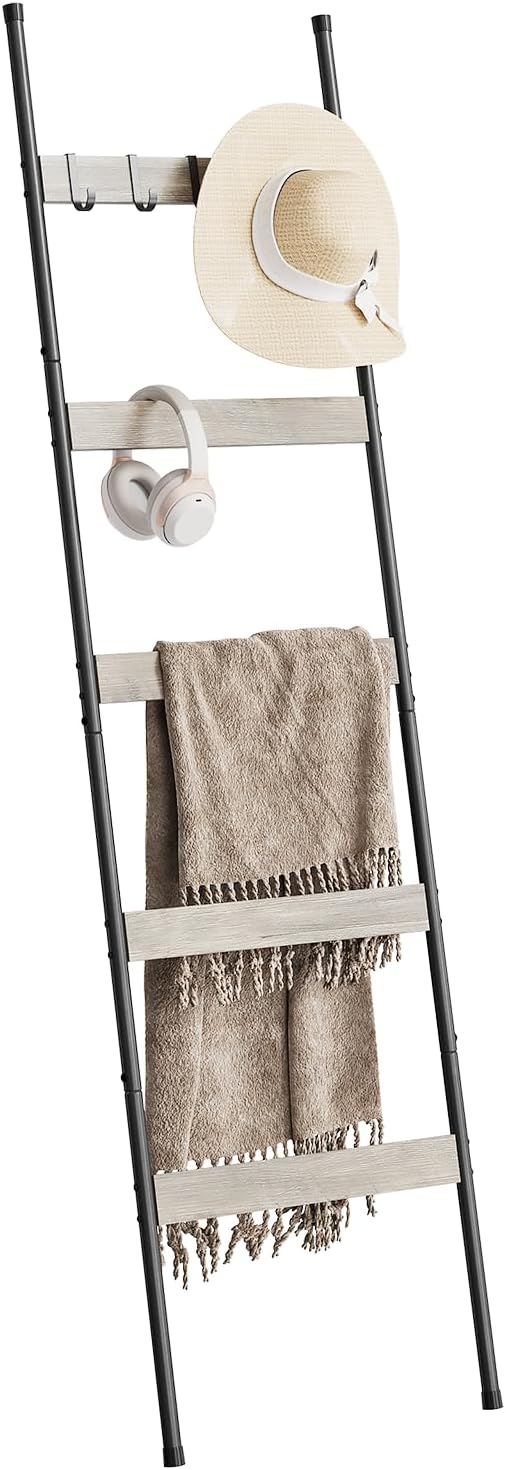 ELYKEN Blanket Ladder, 5-Tier Towel Rack, Wall-Leaning Quilt Holder | Farmhouse Wood Display Stand with 4 Hooks, Decorative Rack Shelf for Living Room, BedRoom, Bathroom, White Oak