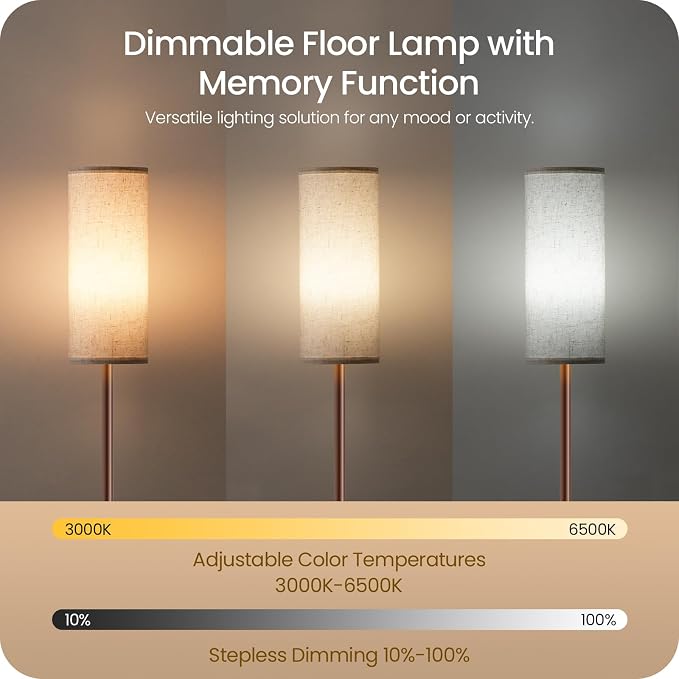 Dimmable Floor Lamps for Living Room with Remote and Foot Switch, 64.4” Modern Standing Tall Lamp, Corner Lamp for Bedroom, Bulb Included, 3000K-6500K, Beige and Brown, FCC Listed VE06LD05W1