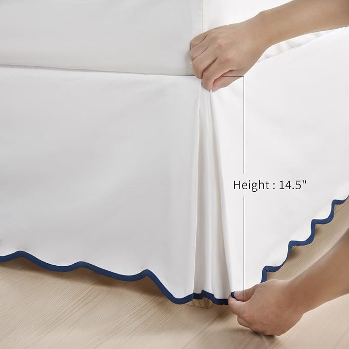 HIG Chic 14'' Full BedSkirts Scallop Edge Pleated Dust Ruffle | Easy Fit, Anti-Slip, Thick Fabric for Enhanced Privacy, Pre-Washed for Long-Lasting Use, Off White/Navy