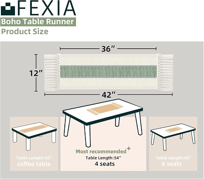 FEXIA Boho Table Runner for Home Decor 12x36 Sage Green Fall Decorations | 36 Inches Long with Tassels Rustic Macrame Farmhouse Table Cover for Wedding Party Bohemian Bridal Shower Dining Decorations