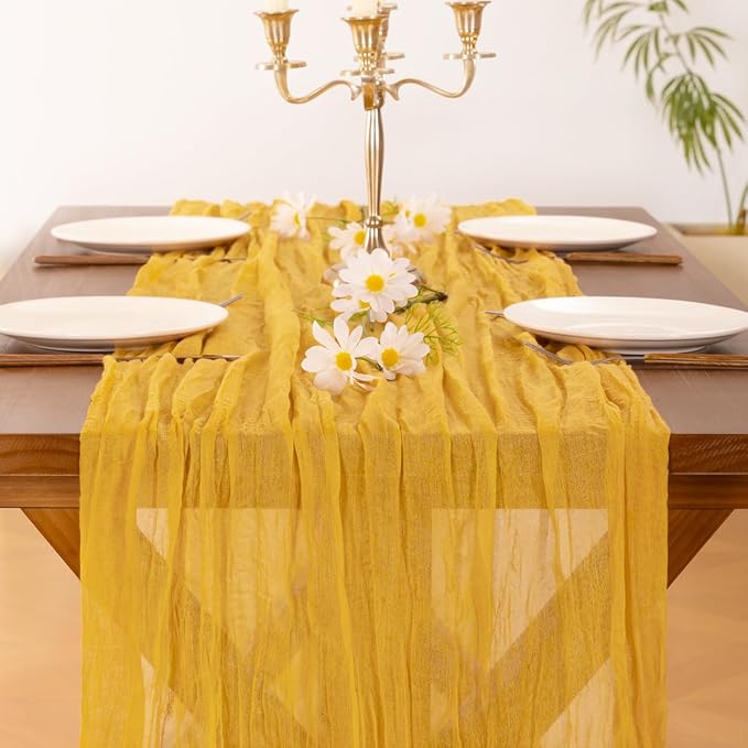 Cheesecloth Table Runner Fall Boho Wedding Birthday Party Home Decor | Gold Yellow Rustic Gauze 10FT 120in Cheese Cloth Sheer Farmhouse Dining Runner for Baby Shower Bridal Holiday Decorations