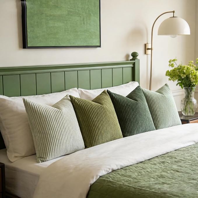 LANANAS Decorative Corduroy Throw Pillow Covers 18x18 Inch Green Bloom | Set of 4 Neutral Couch Farmhouse Boho Throw Pillows for Living Room, Couch, Bed, Sofa Soft Accent Home Decor