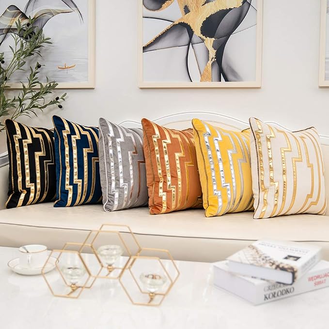 Alerfa Gold Leather Striped Navy Blue Throw Pillow Cover 18x18 Inch, Geometric Luxury Decorative Embroidered Velvet Pillow Cover for Couch Living Room Bedroom