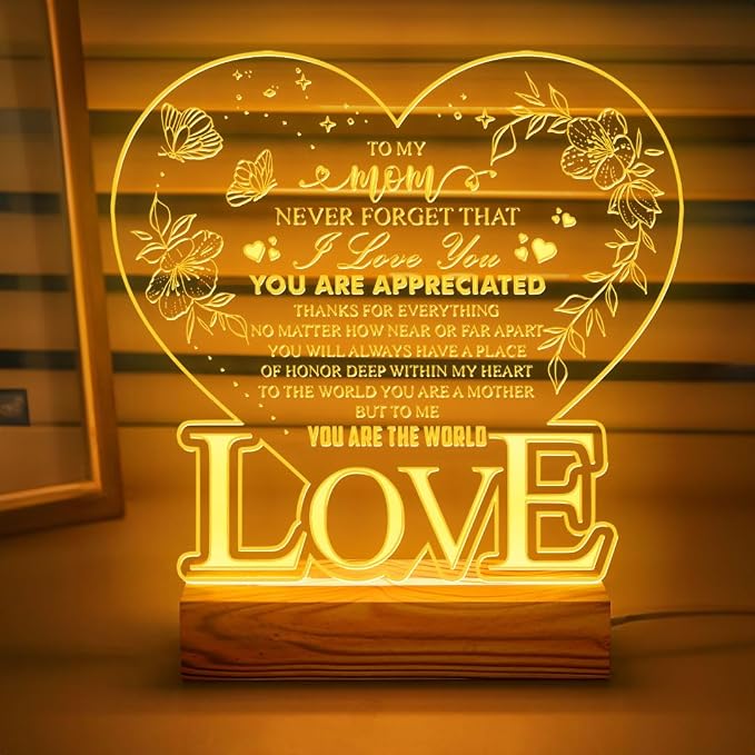 to My Mom, Never Forget that I Love You – Heart-Shaped LED Night Light for Mom – Mom Birthday Gift, Mother's Day – USB Port Powered Lamp with Engraved Love Message – Wooden Base Home Decor