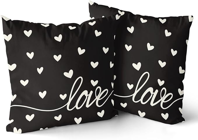 Giwawa Valentines Day Pillow Covers Set of 2 Black Love Hearts Throw Pillowcases Romantic Decorative Double Sided Cotton Square Cushion Covers 18x18inch for Sofa Couch Bedding Wedding Anniversary
