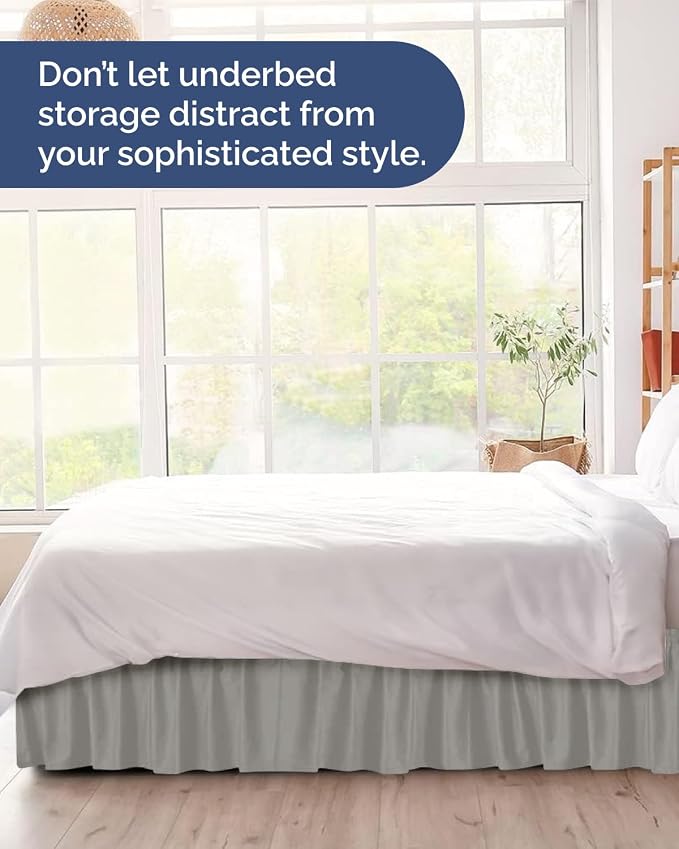 Wrap Around Dust Ruffle Bed Skirt - College Dorm Room - Twin/Twin XL | Light Grey, 12 Inch Drop, Elastic Strap & Adjustable Pleated Bedskirt, Wrinkle Free, for Women, Men, Students, Kids & Teens