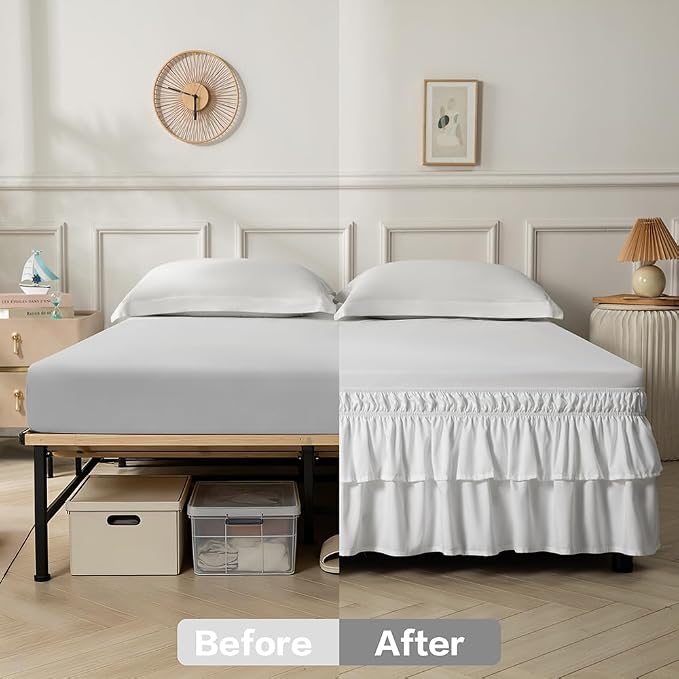 Double-Layered Ruffled Bed Skirt,White,Full/Queen, 14" Drop | Wrap Around, Adjustable Elastic, 2 Layer, Machine Washable Soft Fabric, Multi Ruffle Bedskirt