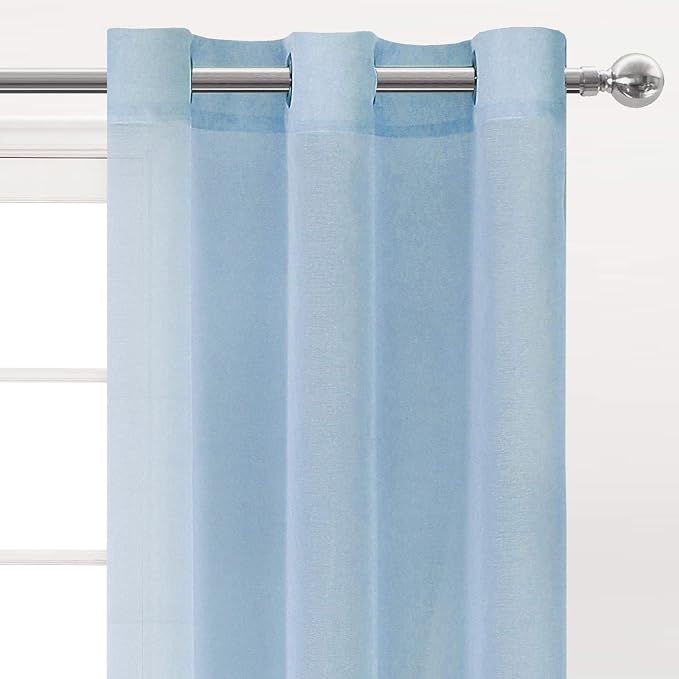DWCN Semi Sheer Curtains, Grommet Top Window Short Sheer Curtains Drapes for Bedroom Living Room, Faux Linen Look Voile Transparent Solid Sheer Curtains Set of 2 Panels 46 x 54 Inches Long, Sky Blue
