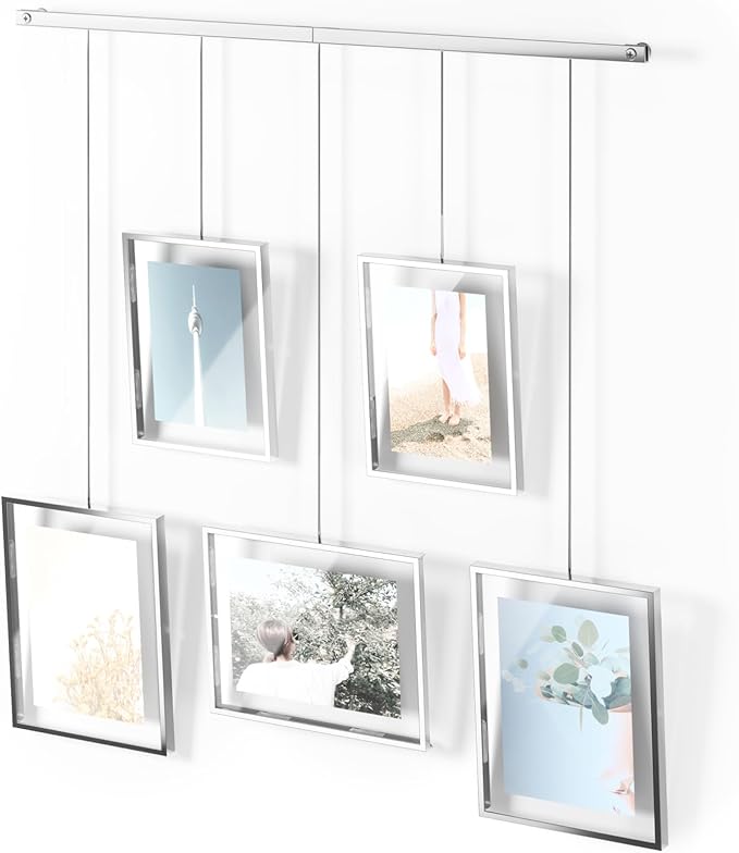 Umbra Exhibit Picture Frame Set, Adjustable Wall Mount, Set of 5, Chrome | Steel construction, customizable layout, damage-free hanging, fits 4x6 and 5x7 photos, includes mounting hardware