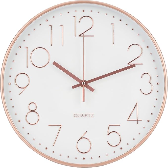 Wall Clock 12 Inch Non-Ticking Silent Modern Simple Style Round Decor Clock Rose Gold Stereoscopic Dial Quartz Wall Clocks for Home/Office/School/Living Room/Bedroom/Kitchen