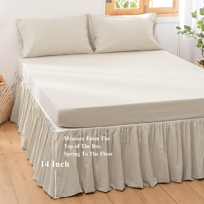 BISELINA French Linen Bed Skirt with Pleated Frills 14-Inch Tailored Drop Natural Flax Cotton Blend Dust Ruffle Soft Cozy Farmhouse Bedding (14" Twin, Linen)