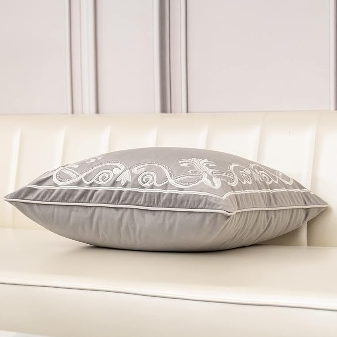 Aeckself European Floral Pillow Cover 20x20 Inch, Luxury Velvet Embroidered Decorative Throw Pillow Cover for Couch Bedroom Living Room, Grey and White