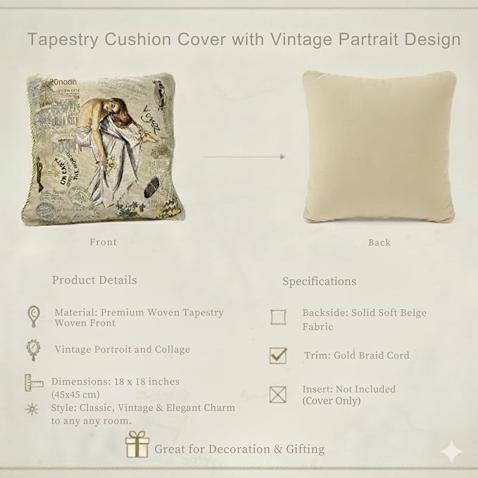 Tache Tapestry Throw Pillow Covers 18x18 Decorative Boho Farmhouse Decor Square Vintage French Parisian Model Couch Accent Cushion Cover 2 Pieces