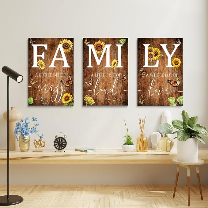 GUBIYU Farmhouse Family Wall Art Set of 3, Rustic Family Wall Decor for Living Room & Dining Room, Retro Brown Wood Wall Art with Butterfly & Sunflower Design, 24"x36"