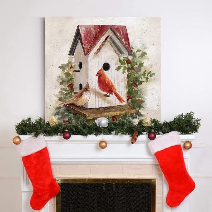 Renditions Gallery Christmas Abstract Wall Art Holly Red Cardinal Birdhouse Canvas Hanging Artwork Prints for Bedroom Living Room & Kitchen Decorations - 32"X32" LT05