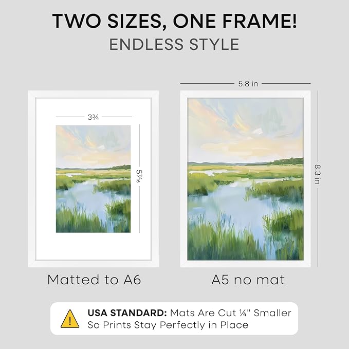 Homeforia A5 White Picture Frame, High-End Metal, A6 Mat, Glass