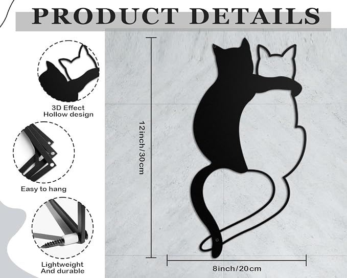 Kas Home Cat Metal Wall Decor Iron Cat Wall Art Cute Cats Wall Decor Signs for Living Room Bedroom Kitchen Office Wall Hanging Décor