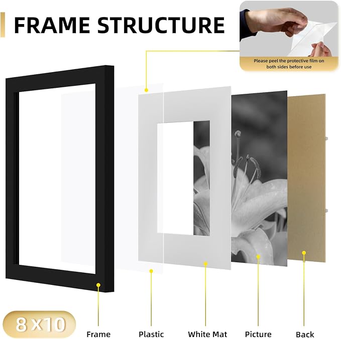 YESKAY 8x10 Picture Frame Set of 9, Display Pictures 5x7 with Mat or 8 x 10 Without Mat, Multi Photo Frames for Wall Mounting or Table Top Display, Black