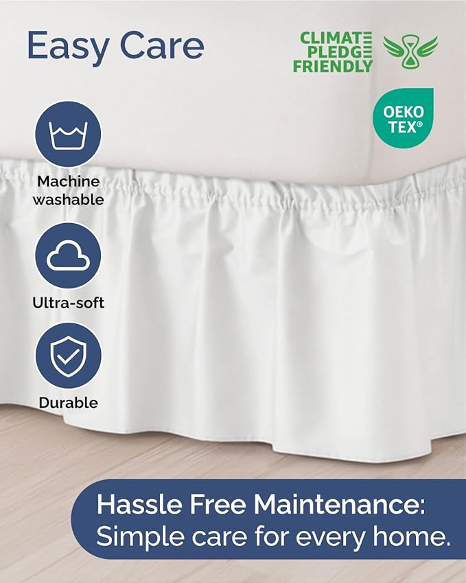 Wrap Around Dust Ruffle Bed Skirt, King Size Beds - 12 Inch Drop, White | Easy Fit Elastic Strap, Adjustable Pleated Bedskirt w/Brushed Fabric, Wrinkle & Fade Free, for Women, Men, Kids & Teens