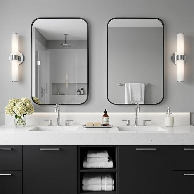 24"x36" Matte Black Rectangle Vanity Bathroom Mirror, Set of 2 | Aluminum Alloy Frame, Clear Reflection, Rust-Resistant, Vertical or Horizontal, Wall Mount, Bedroom and Entryway