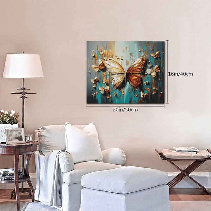 Crekviy Golden Butterfly Wall Art Vintage Butterfly Pictures Wall Decor Canvas Prints Painting Artwork Decoration Girls Gifts for Bathroom Bedroom Living Room Ready to Hang Framed 16"x20"