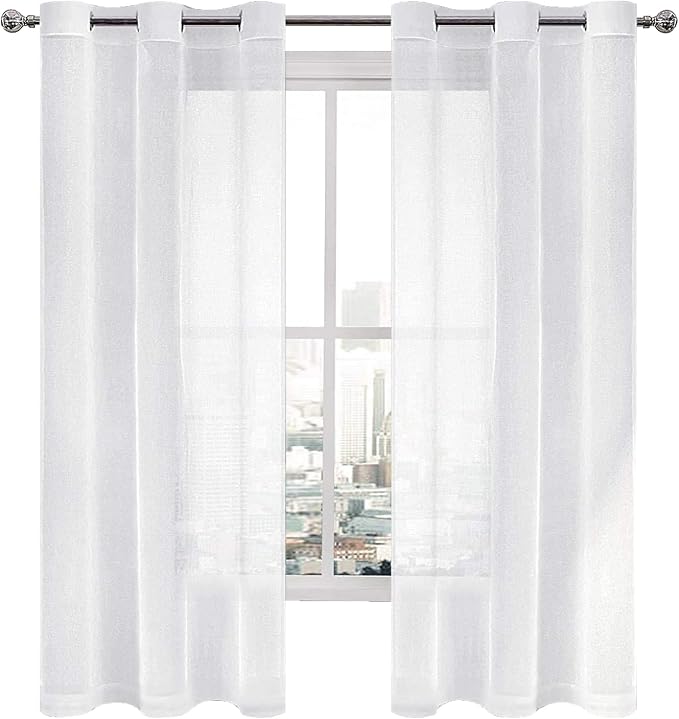 DWCN White Sheer Curtains for Living Room Bedroom - Faux Linen Look Voile Drapes Grommet Top Window Curtain Panel 46 x 63 Inch Length, Set of 2 Panels