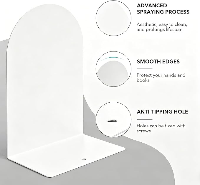 8 Pcs Metal Bookends - Book Ends for Shelves, White