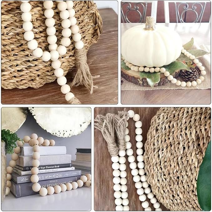 Vosarea Wood Bead Garland Rustic Farmhouse Beads with Tassel Home Wall Hanging Prayer Beads Decor Beads Wooden