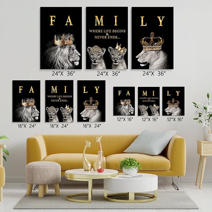GUBIYU Family Where Life Begins Love Never Ends Word Sign Wall Decor,Black Gold Lion Art Home Decor Family Wall Art Decorations,Letters Quotes Posters for Living Room Bedroom Kitchen Decor 24"x36"