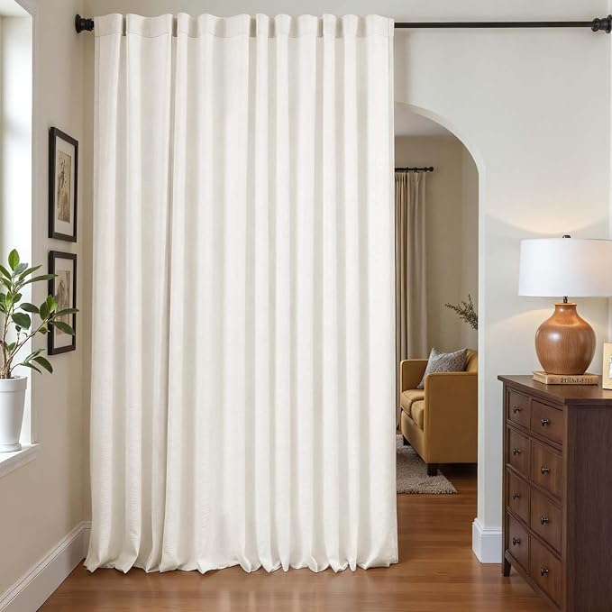 jinchan Lined Linen Curtains Extra Wide Back Tab 100x90 Inch 1 Panel White | Light Filtering Curtains with White Privacy Liner, Cottage Core Farmhouse Curtains for Living Room, Rod Pocket 90 Inch Length