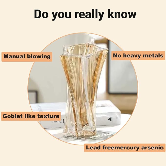 Glass Vases for Flowers，Thickened 3.5 lb Modern Vases for Tables Centerpieces for Home Decor, Colorful and Clear Irregular Crystal Vase (Amber)