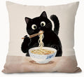 Funny Black Cat Pillow Covers 18x18, Cat Mom Lovers Lady Gifts for Women, Black Kitten Eating Noodle Decorative Throw Pillow Covers Pillowcases for Home Bedroom Living Room Decor
