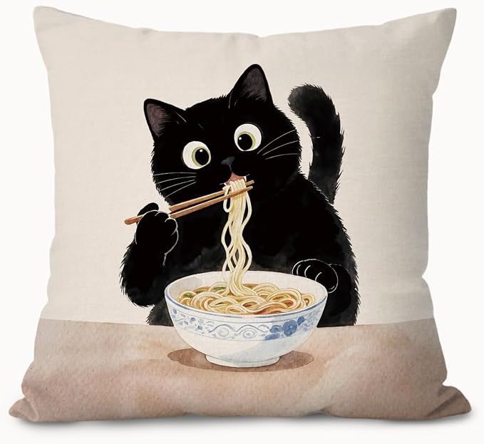 Funny Black Cat Pillow Covers 18x18, Cat Mom Lovers Lady Gifts for Women, Black Kitten Eating Noodle Decorative Throw Pillow Covers Pillowcases for Home Bedroom Living Room Decor