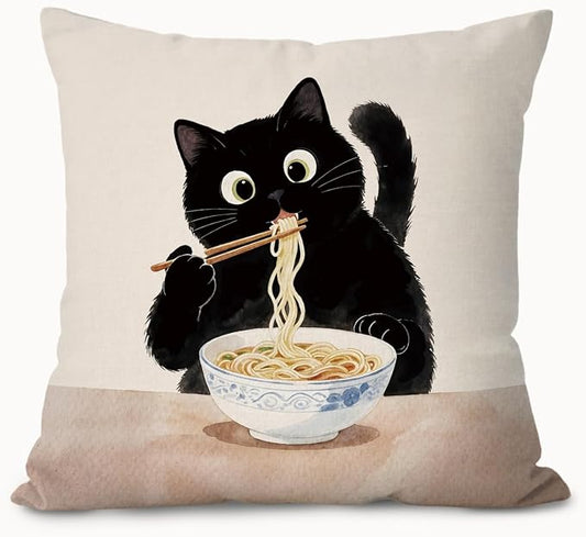 Funny Black Cat Pillow Covers 18x18, Cat Mom Lovers Lady Gifts for Women, Black Kitten Eating Noodle Decorative Throw Pillow Covers Pillowcases for Home Bedroom Living Room Decor