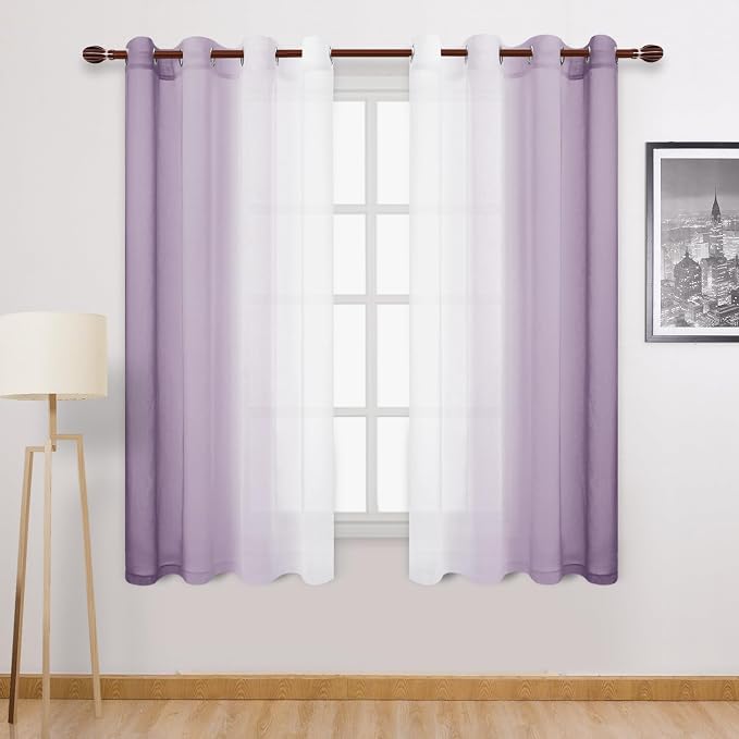DWCN Lavender Faux Linen Ombre Sheer Curtains - 63 inches Long Gradient Semi Voile Curtains for Bedroom and Living Room, Set of 2 Grommet Top Window Curtain Panels, W52 x L63 Inches, Lavender
