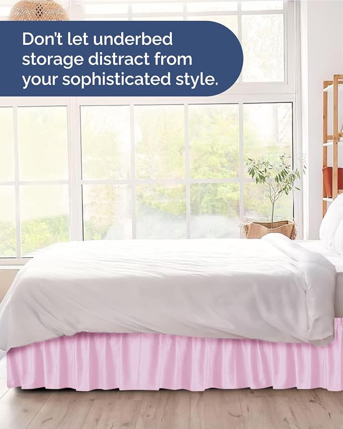 Wrap Around Dust Ruffle Bed Skirt, King Size - 18 Inch Drop, Light Pink | Easy Fit Elastic Strap, Adjustable Pleated Bedskirt w/Brushed Fabric, Wrinkle & Fade Free, for Women, Men, Kids & Teens