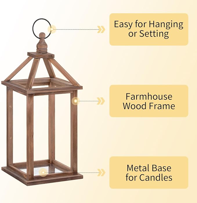 Romadedi Wood Candle Lantern Decorative, Brown, Rustic Decor Set of 2 | Farmhouse Wooden Lanterns, Decorative Candle Holder, Wedding Table Centerpiece, Indoor Outdoor, Fireplace Decorations