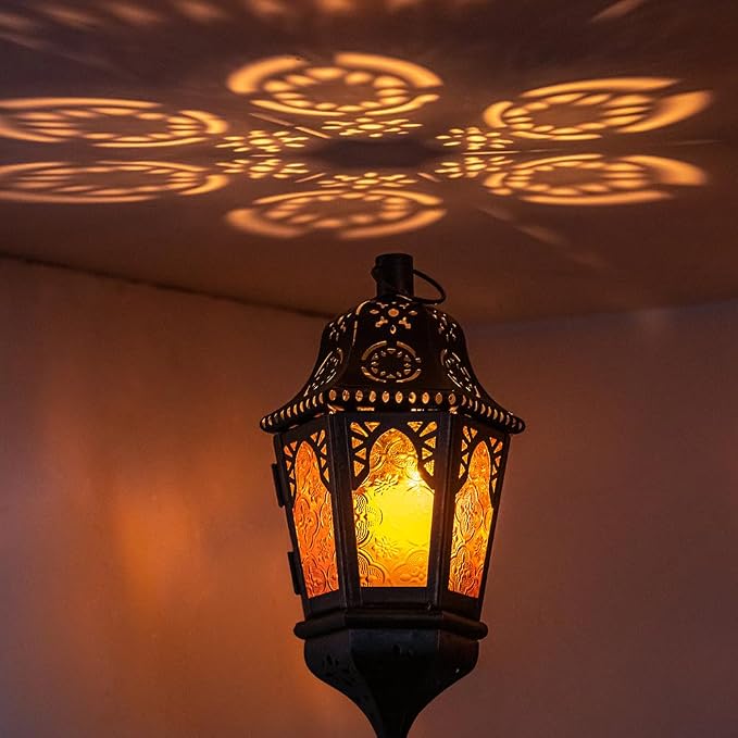 Ramadan Lantern Decorative Indoor & Outdoor, 2 PCS 13.6’’ Vintage Decorative Hanging Lanterns with Chain for Home Porch Patio Decor, Metal Christmas Moroccan Candle Holder Decorations (Amber)