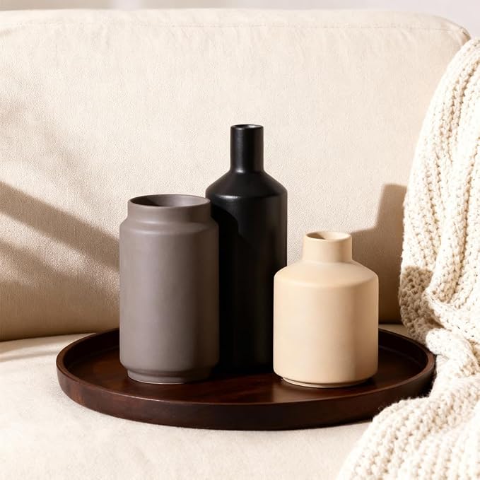 Ceramic Vase Set of 3 – Modern Decorative Vases for Home Decor, Small Flower Pottery Vase Sets, Boho Farmhouse Rustic Vases for Living Room, Kitchen, Bedroom, Bathroom, Shelf, Table