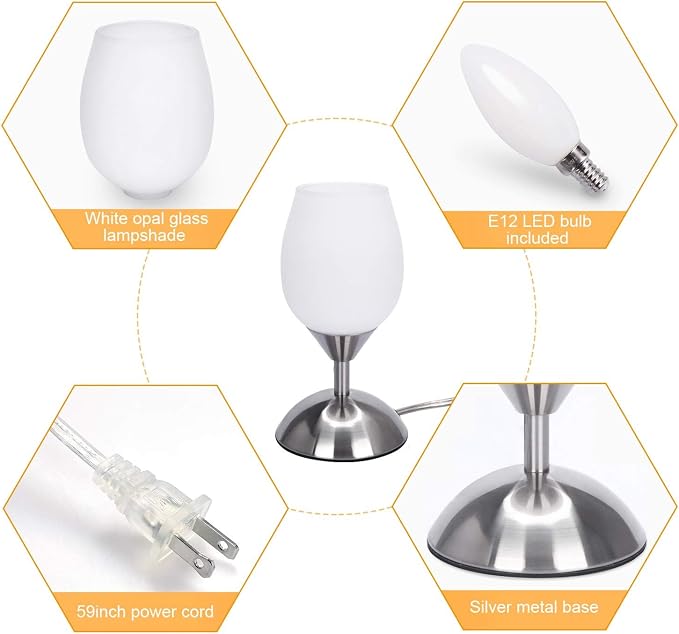 Small Touch Lamp for Bedroom Nightstand, 3-Way Dimmable Bedside Lamps Opal Glass Desk Lamp Silver Base, Tiny Table Lamp for Small Spaces Ambient Lighting for Living Room, E12 Bulb Included