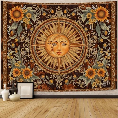 Accnicc Vintage Sun and Moon Tapestry Wall Hanging Boho Floral Sunflower Indie Wall Tapestry Aesthetic Celestial Brown Orange Large Hippie Tapestries for Bedroom Living Room Decor 80 x 60 Inch
