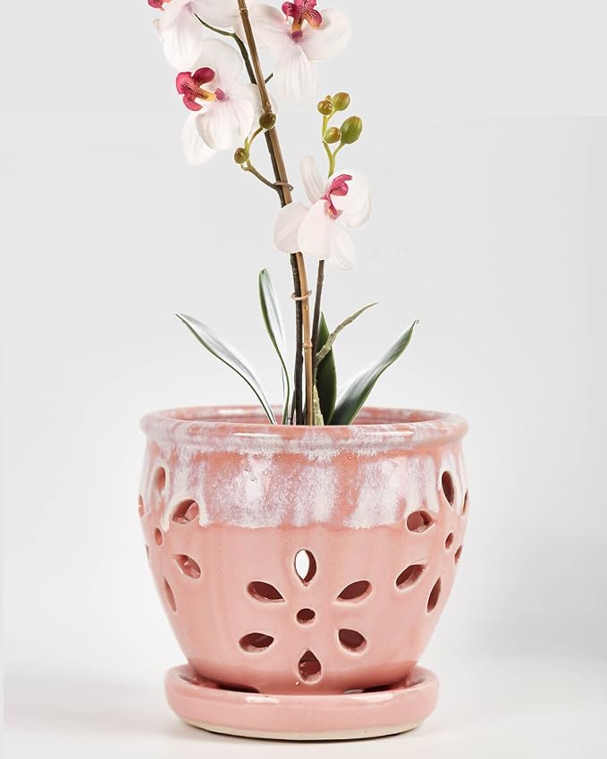 vensovo 5 Inch Ceramic Orchid Pot with Holes and Saucer, Pink