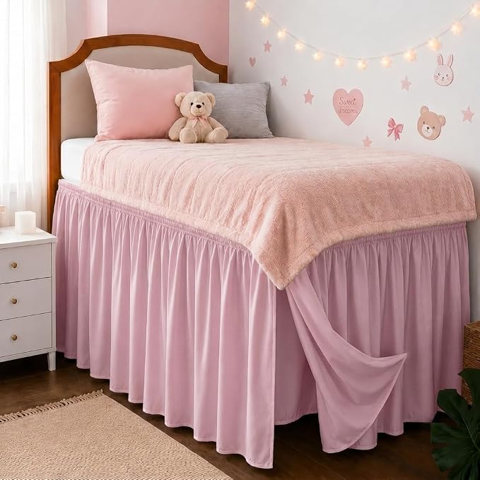 College Dorm Bed Skirt Twin XL 36" Drop, Slit Corner Bedskirt, Dusty Pink | Solid ruffled, Wrap-around/elastic, Wrinkle & Fade resistant, with Adhesive Strips, Gift Packed, Machine Wash/Tumble Dry/Iron