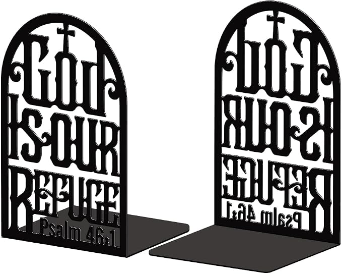 Peacoblue 5.3"x4.3"x7.9" Metal Bookends, Heavy Duty Book Ends for Shelves | Bible Theme Cast Iron Book Supports, 1 Pair Decor Stoppers for Desk, Library, Office & Home Shelves