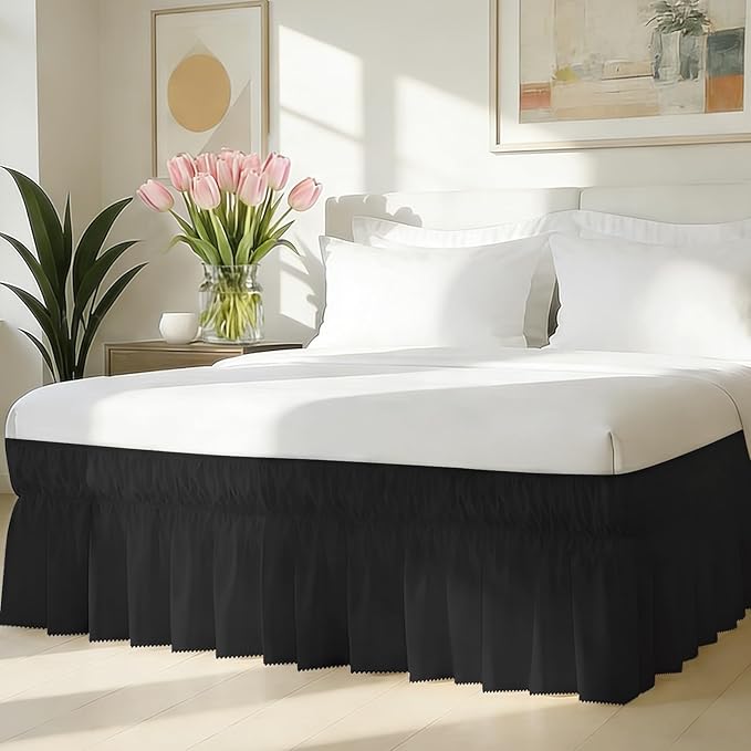 Queen Bed Skirt with Elastic Strap, Ruffle Bed Skirting Queen Size 16" Drop | Wrap Around Skirts Easy to Install on Bed Base & Frame, Wrinkle-free, Machine Washable, Scalloped Edge, Black